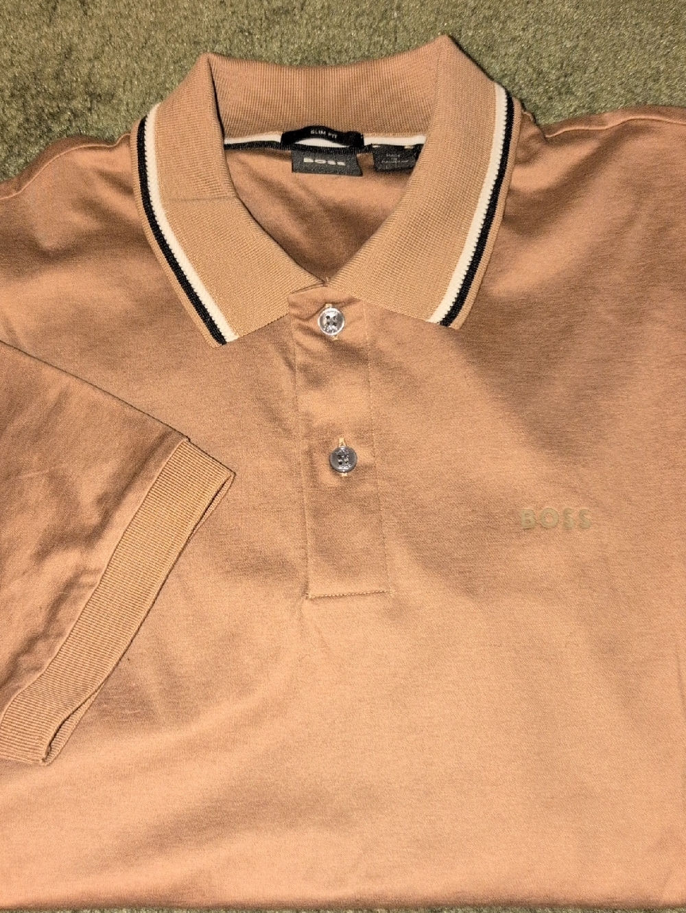 BOSS Men's Polo in Light Tan with Contrast Collar Stripe✨